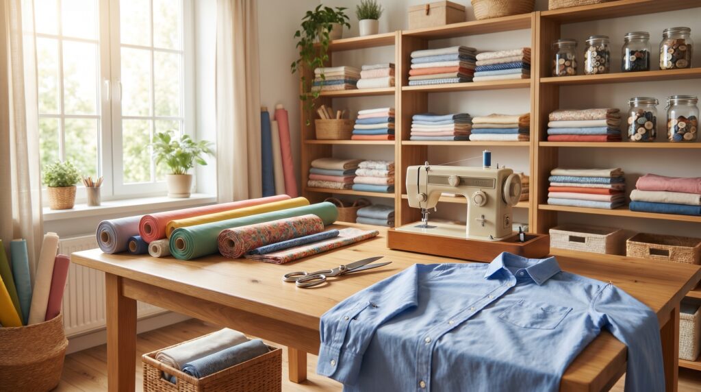A bright sewing workspace with a sewing machine, folded fabrics, fabric rolls, and a blue shirt on a wooden table