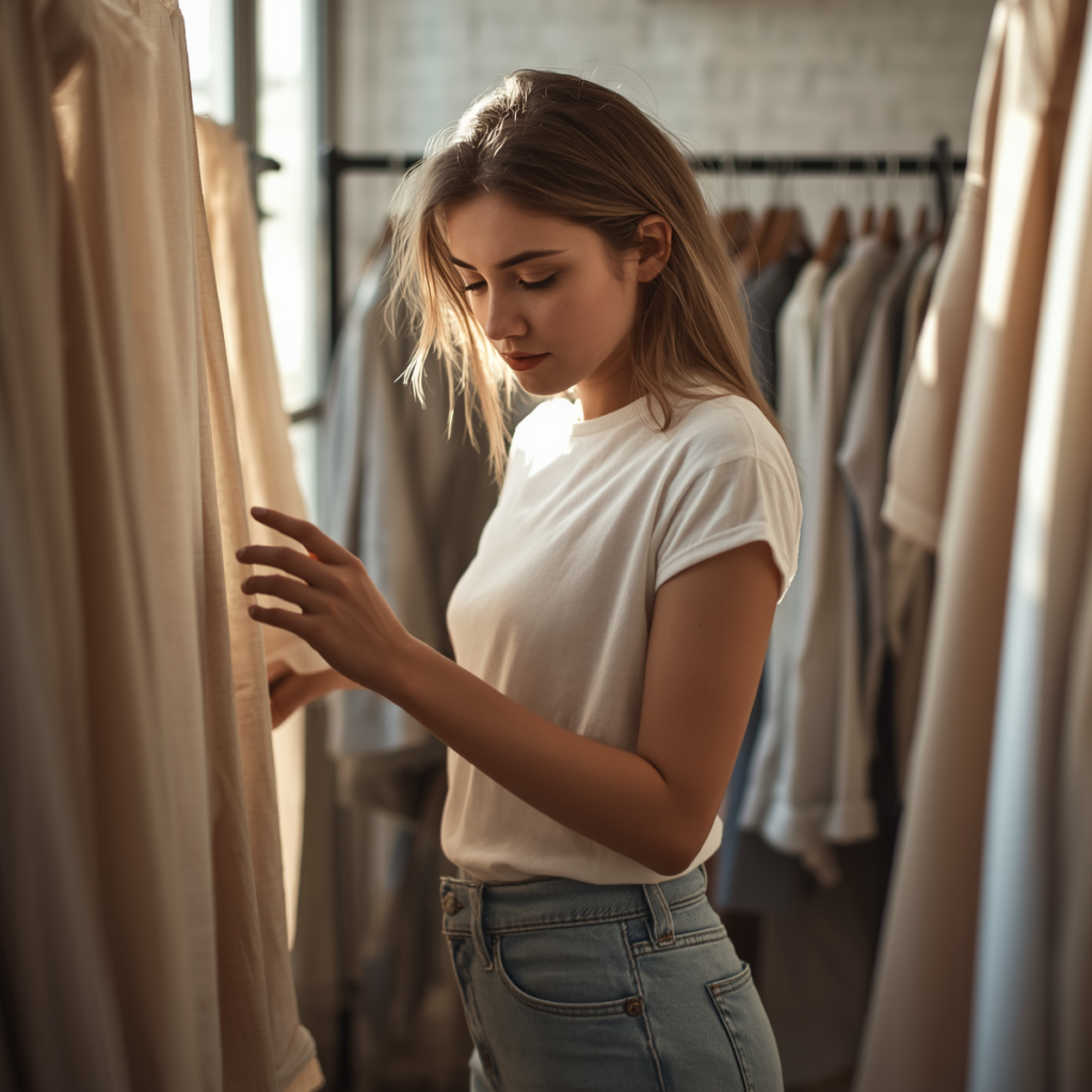 A young woman carefully examining fabric on a clothing rack in a minimalist store, dressed casually in a white t-shirt and jeans.
