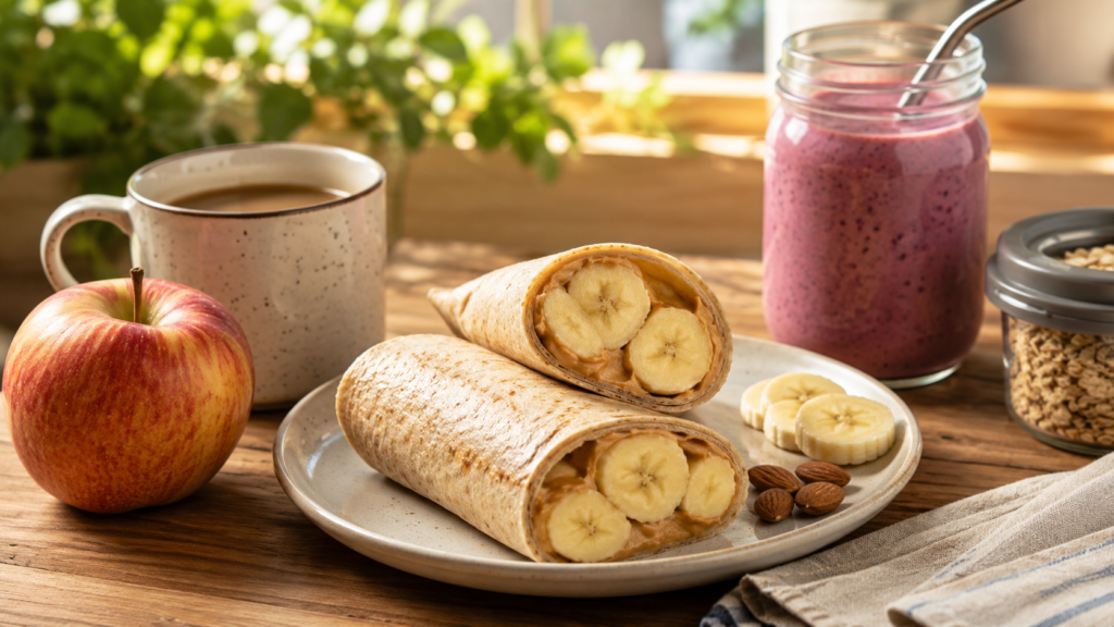 Healthy breakfast idea featuring a peanut butter banana wrap, berry smoothie, and fresh apple