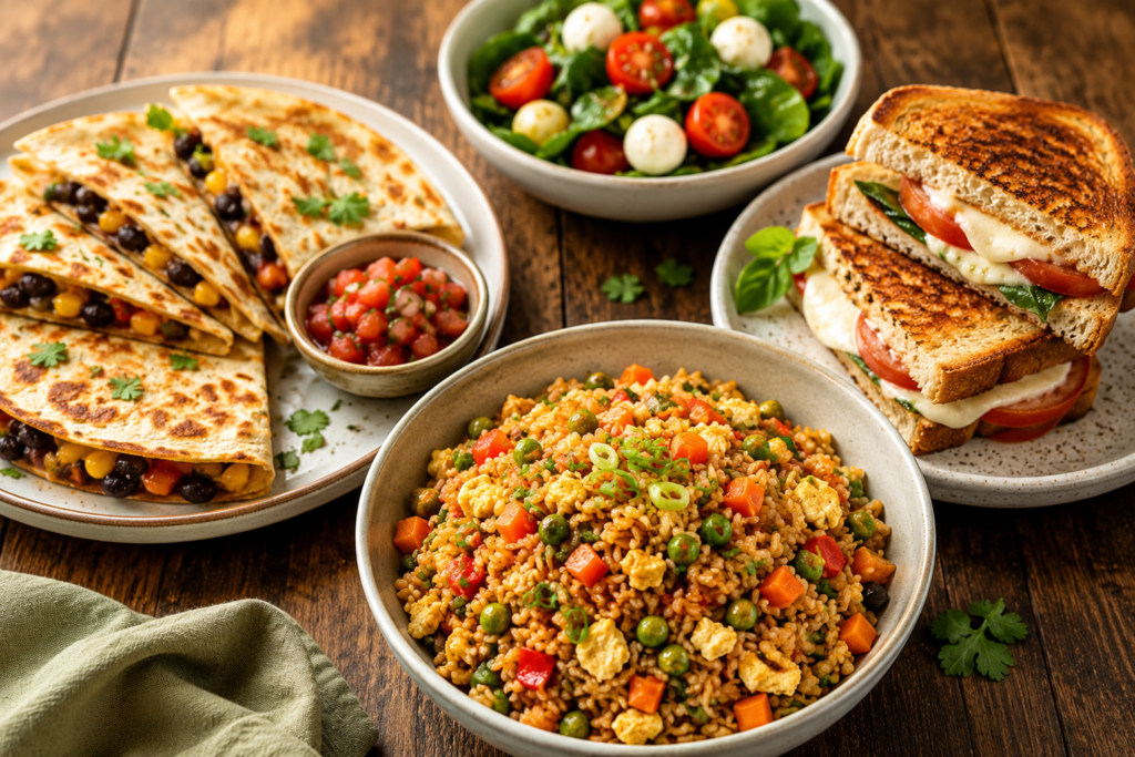 Vegetarian dinner ideas featuring veggie fried rice, black bean quesadillas, fresh salad, and caprese grilled sandwiches on a rustic wooden table