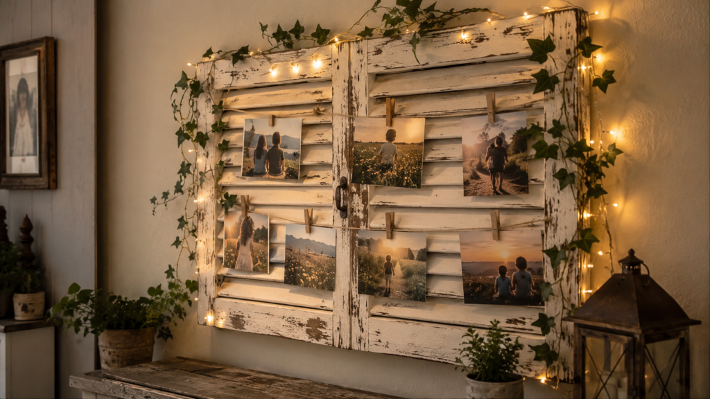 Rustic repurposed shutters photo display decorated with twine, clothespins, and family photos