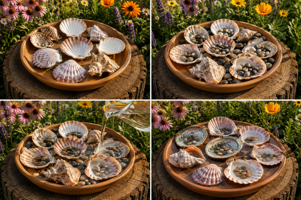 Step-by-step DIY bee watering station tutorial using seashells