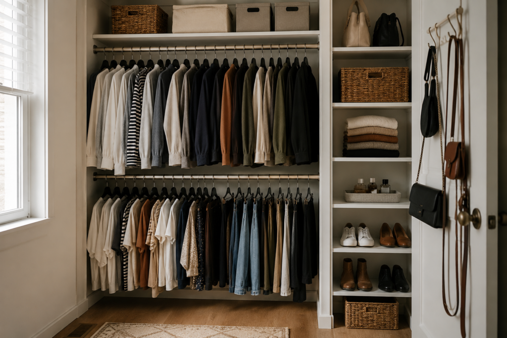 Small closet organization with double hanging rods and neatly arranged clothing
