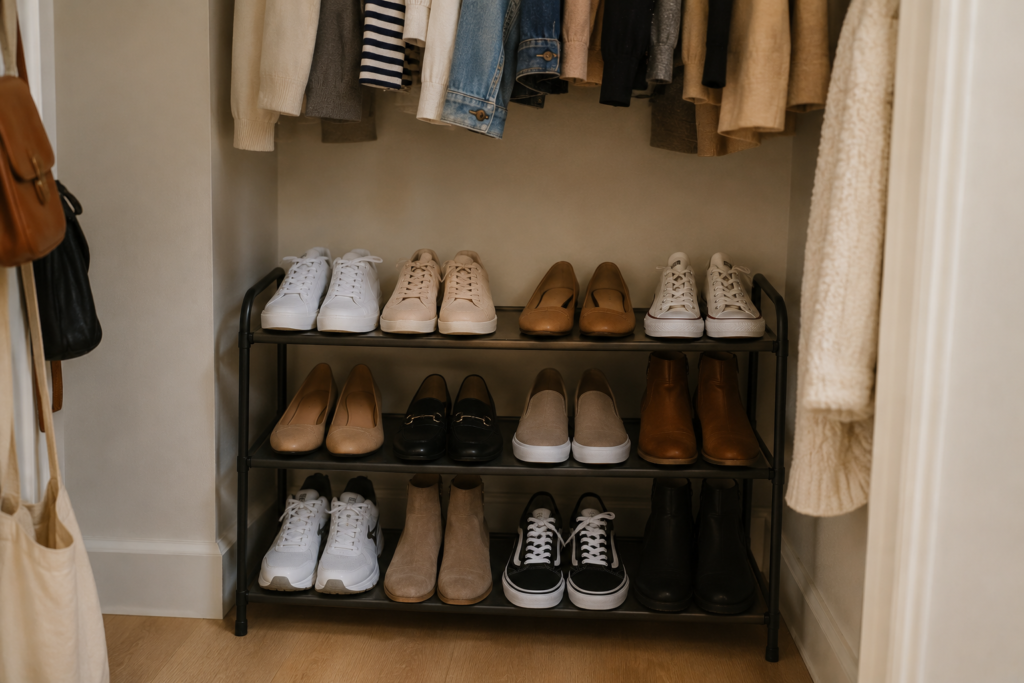 Organized shoe rack in a small closet with neatly stored footwear