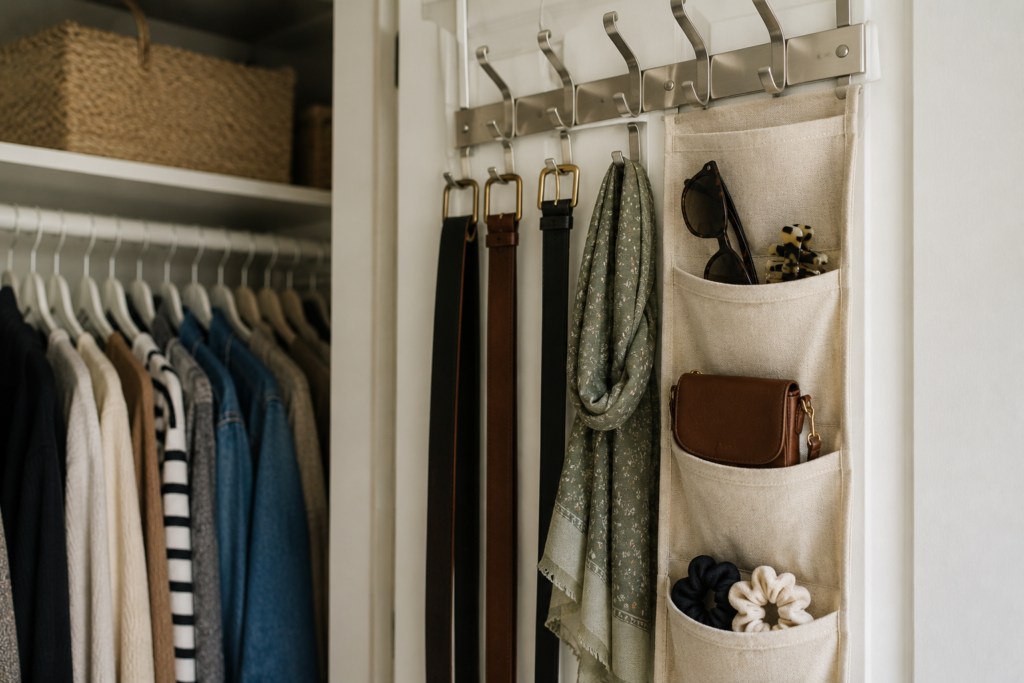 Over-the-door closet organizer with belts, accessories, and storage pockets