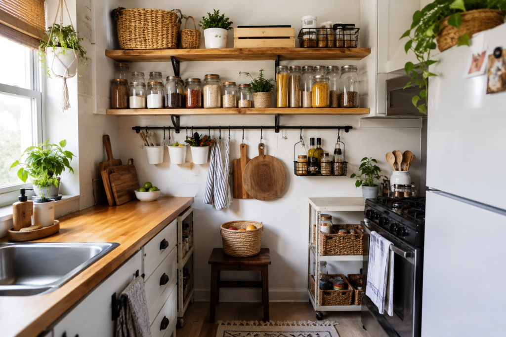 DIY storage solutions for small kitchens with shelves baskets and space-saving organization ideas