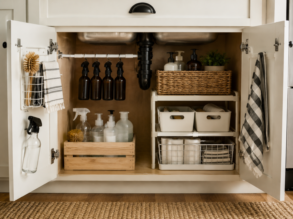 Under sink storage ideas for small kitchens with organized cleaning supplies