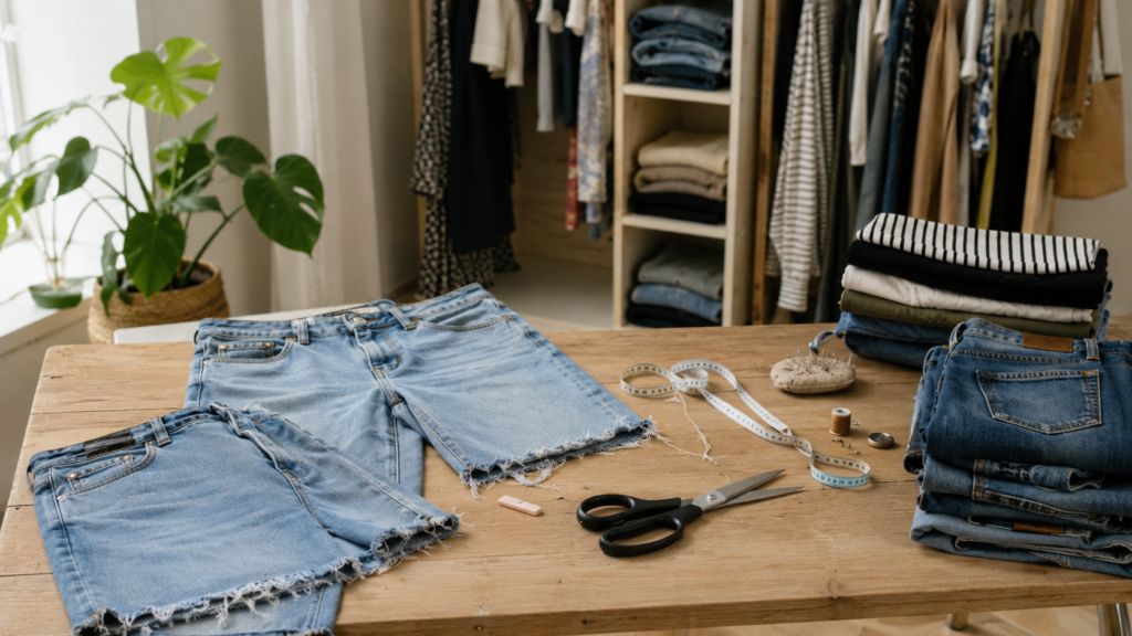 DIY wardrobe update project with denim shorts, sewing tools, folded clothes, and an organized closet in a bright modern room.