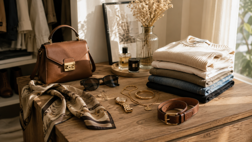 Fashion accessories including a scarf, belt, handbag, sunglasses, and jewelry styled to refresh outfits without buying new clothes