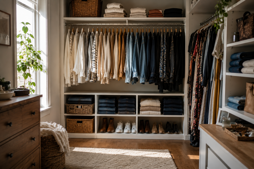Organized wardrobe with neatly arranged clothes and storage solutions for a closet refresh