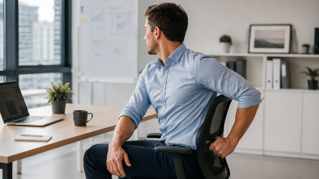 Office worker performing a seated spinal twist stretch at a desk