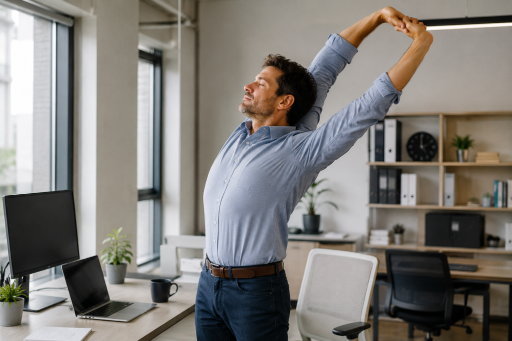 Office worker taking a quick stretching break during the workday