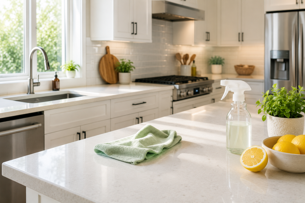 Clean modern kitchen countertop with natural cleaning supplies, microfiber cloth, spray bottle, and fresh lemons in bright daylight