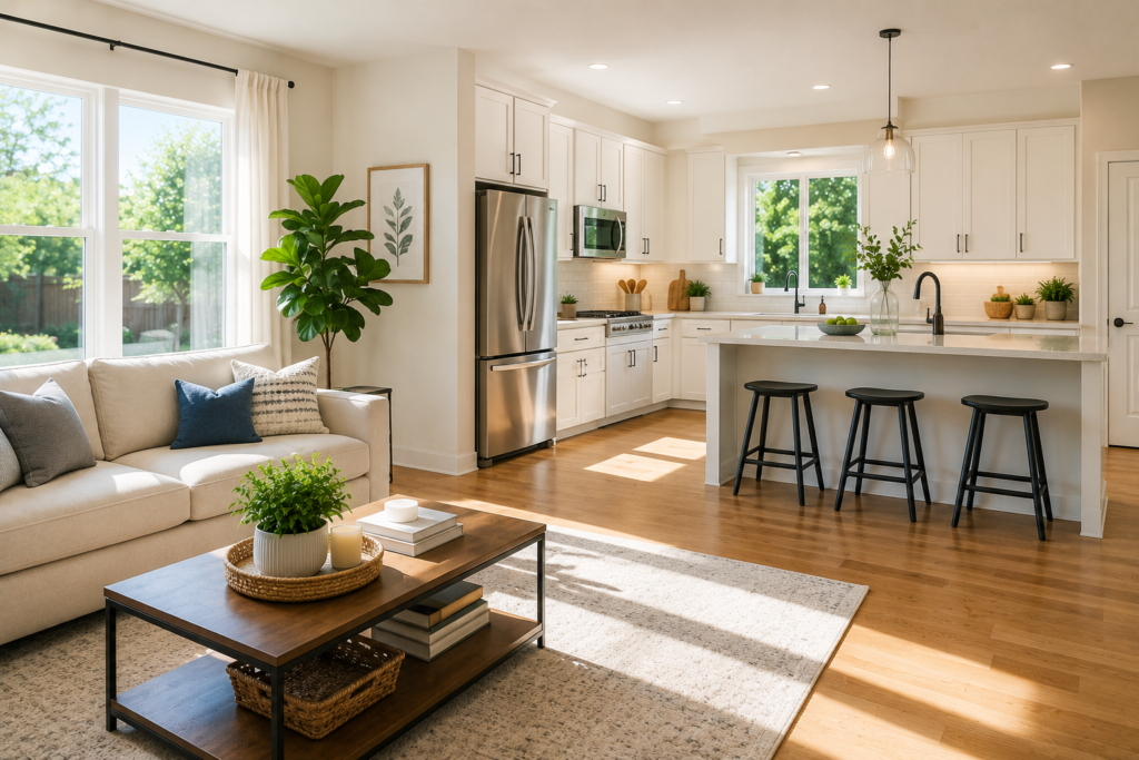 Spotless modern living room and kitchen after a complete home cleaning session