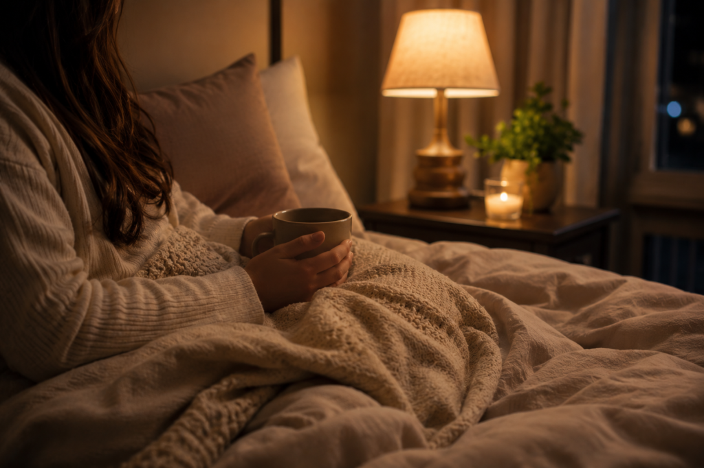 Person reading a book in bed under warm lighting as part of a relaxing bedtime routine.