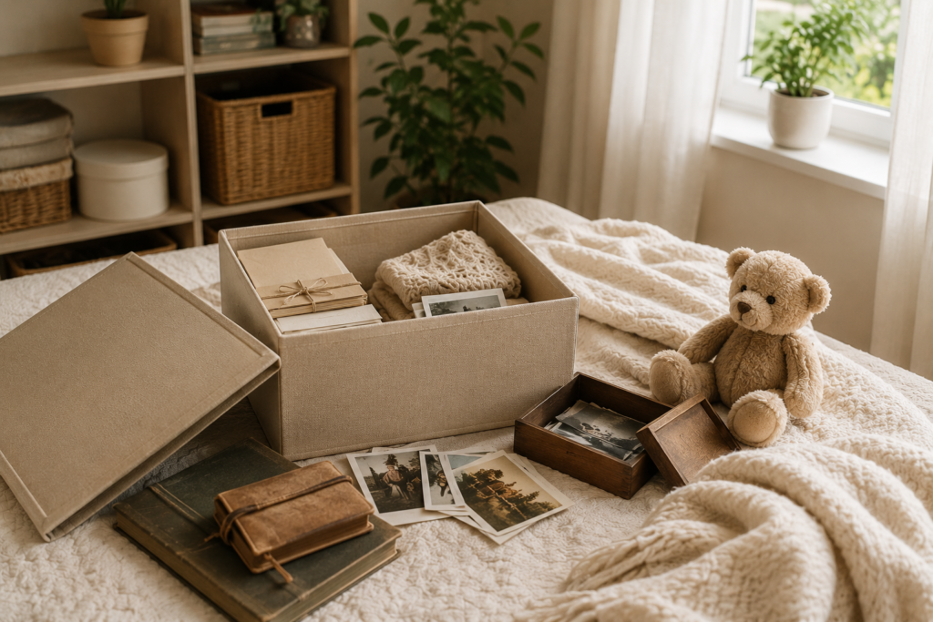 Memory box with sentimental keepsakes, old photos, and folded blankets during a home decluttering project