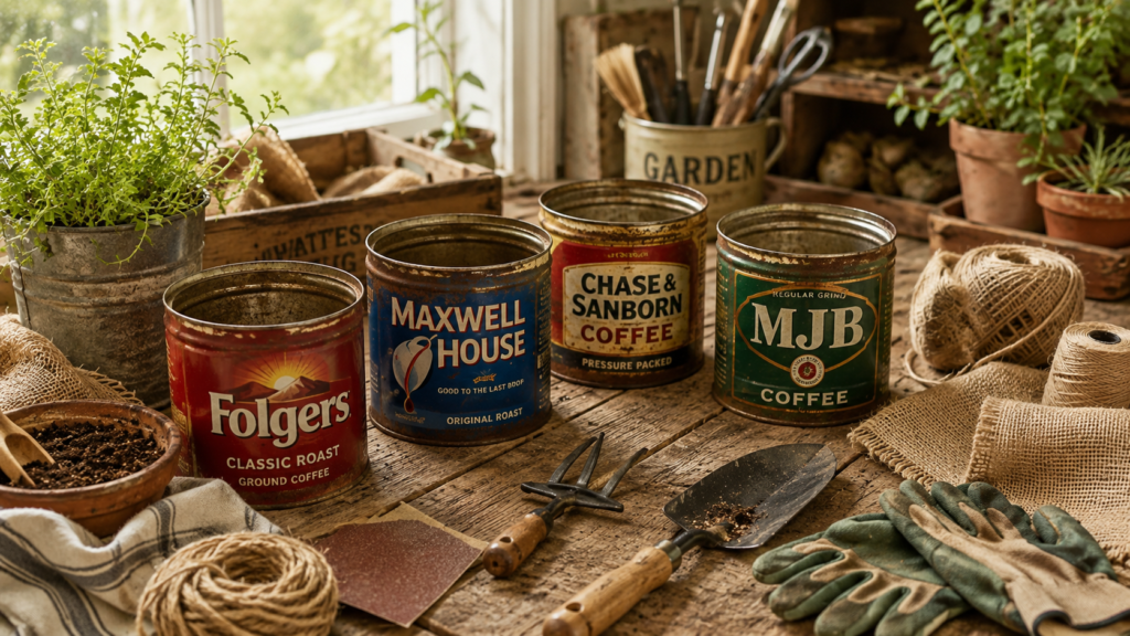 DIY coffee can planter supplies arranged on rustic wooden table near sunny farmhouse window