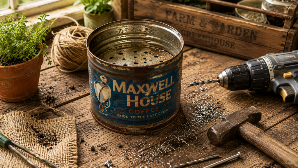 Coffee can with drilled drainage holes on rustic wooden DIY workbench