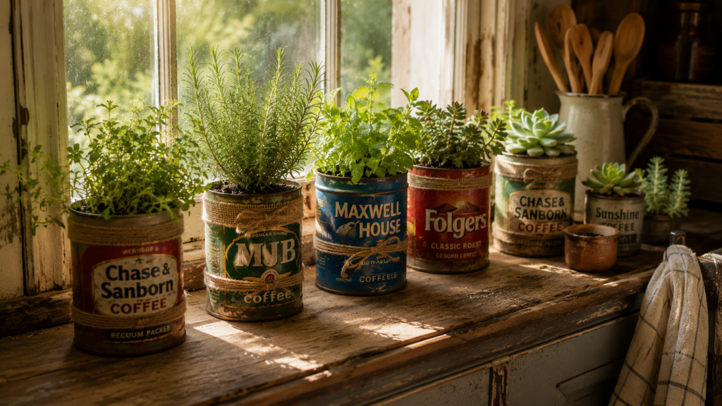 Rustic coffee can herb planters displayed on sunny farmhouse kitchen windowsill