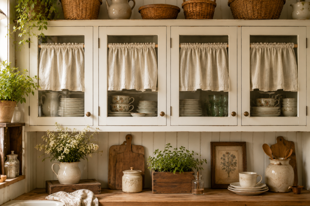Cozy farmhouse kitchen with gathered linen curtains on glass-front cabinets