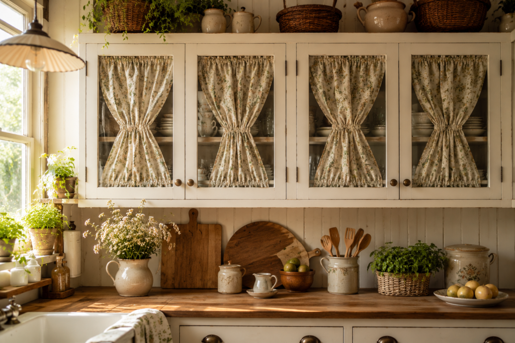 Cozy cottagecore kitchen makeover with floral cabinet curtains