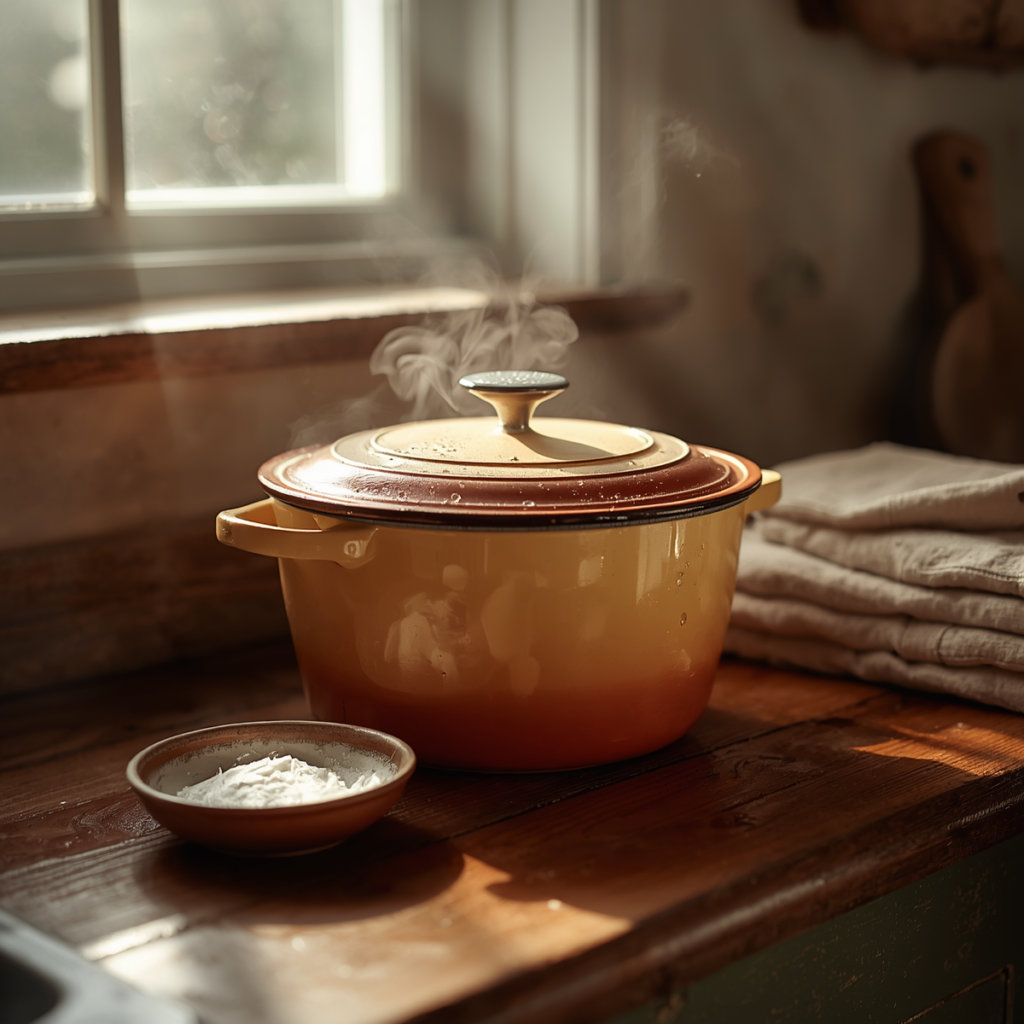 Cleaning a vintage enameled cast iron Dutch oven on a rustic farmhouse kitchen counter