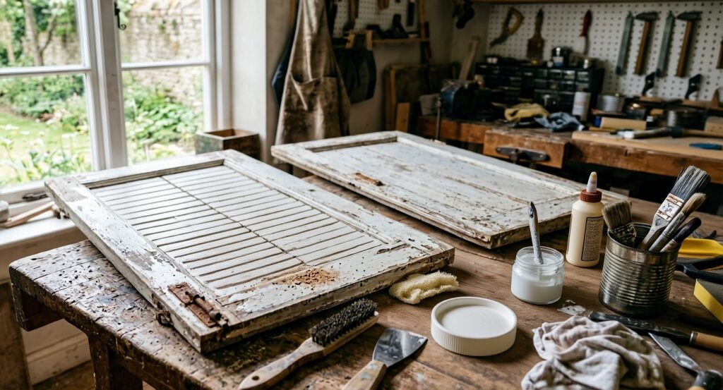 Cleaning and restoring old wooden shutters for a DIY repurposed shutters photo display project