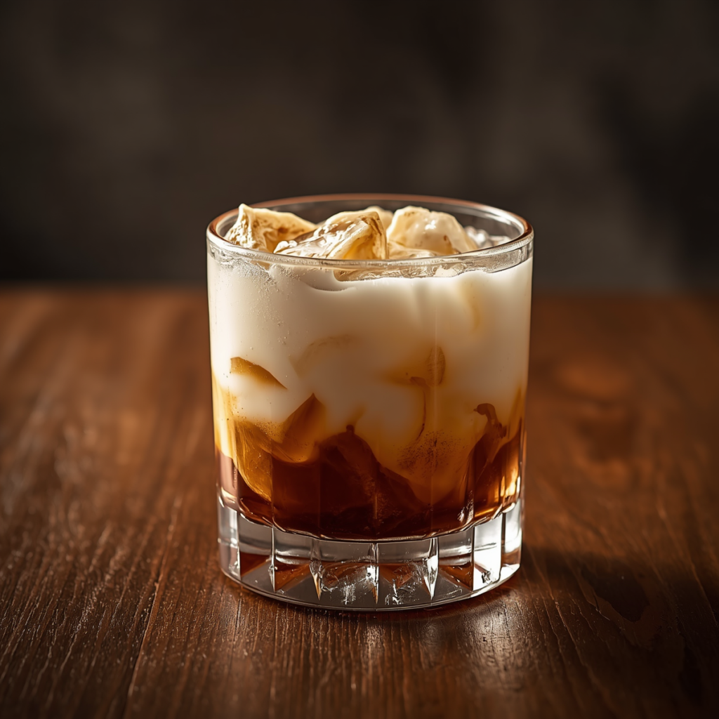 Close-up of a creamy White Russian cocktail in a rocks glass with ice, showing beautiful layered coffee and cream texture.