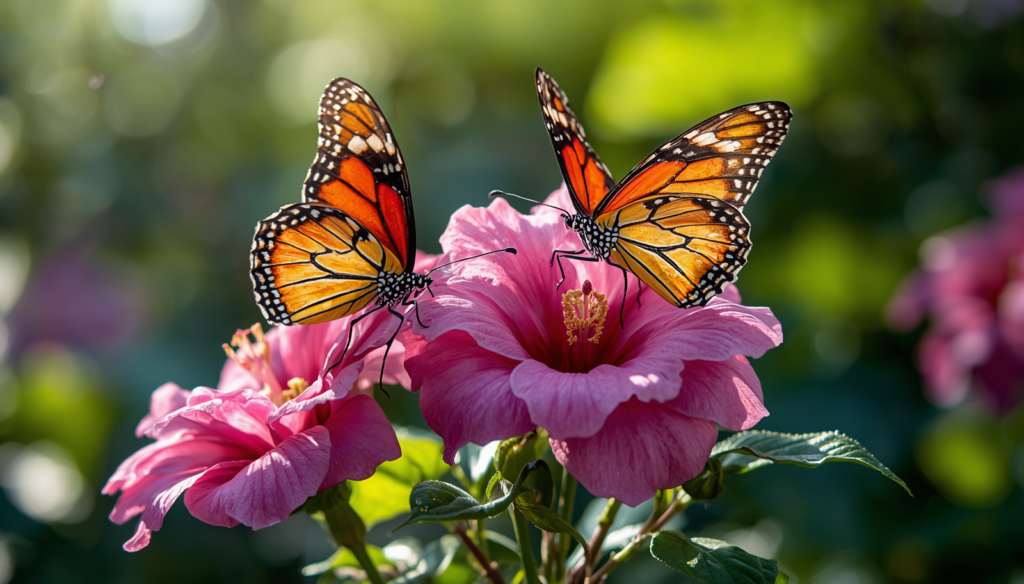 Close-up of butterflies resting on blooming Rose of Sharon flowers in a summer garden