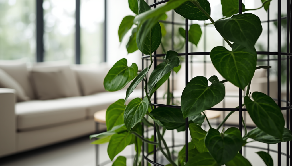Close-up pothos vines climbing a black tomato cage in a bright modern living room