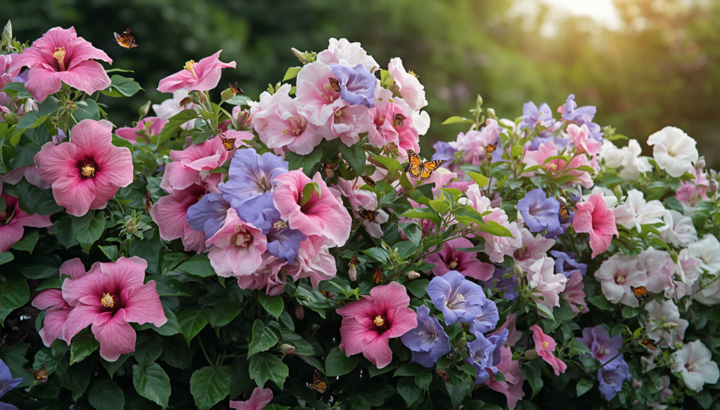 Colorful Rose of Sharon flowers blooming in a backyard hedge with butterflies and bees