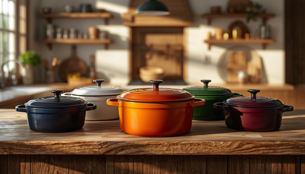 Colorful enameled cast iron cookware arranged inside a warm rustic farmhouse kitchen