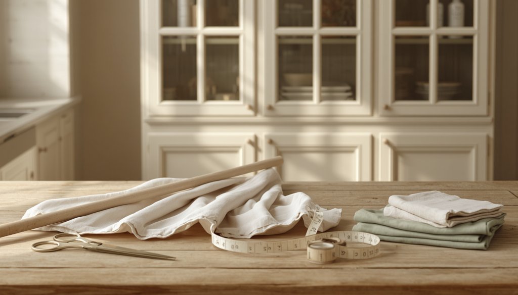 DIY gathered cabinet curtain setup with linen fabric and wooden dowel in a cozy cottagecore kitchen