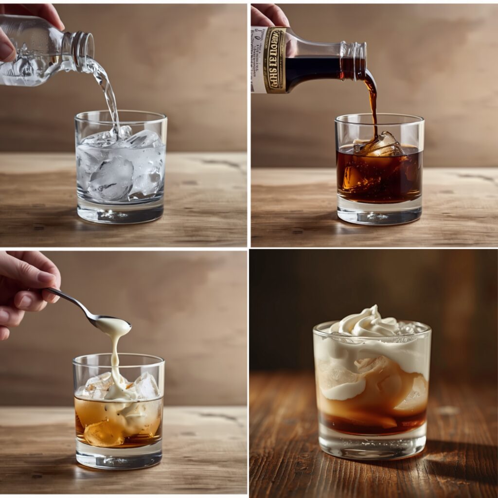 Step-by-step visual guide showing how to make a White Russian cocktail, from ice preparation to final creamy layered drink in a glass.