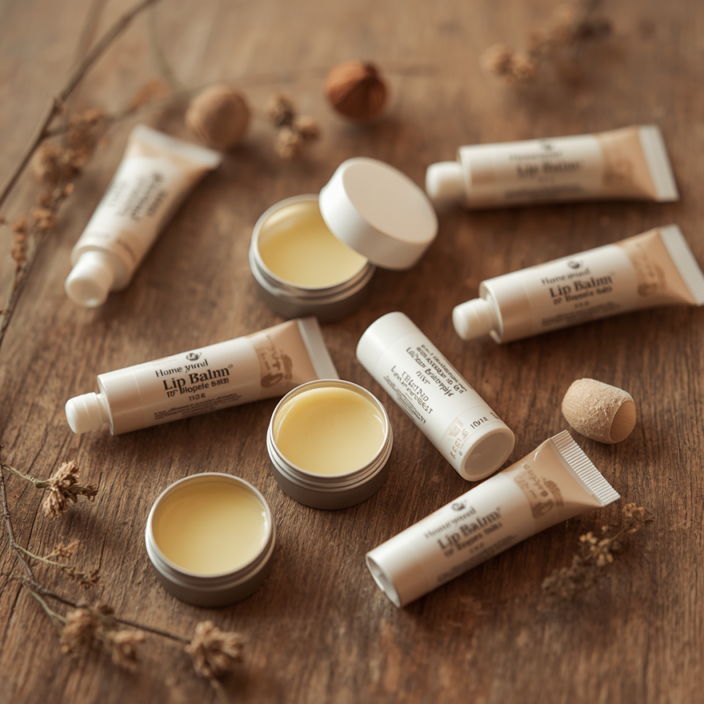 Homemade natural lip balm tubes and tins arranged on wooden table in soft light