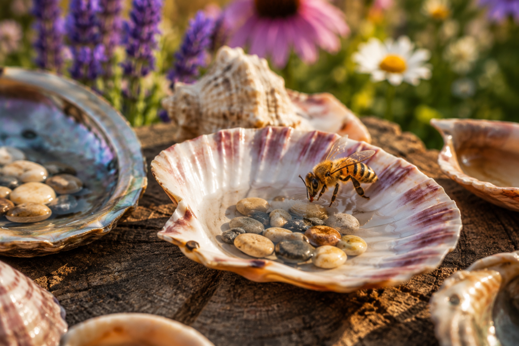Honeybee drinking water from a seashell bee watering station