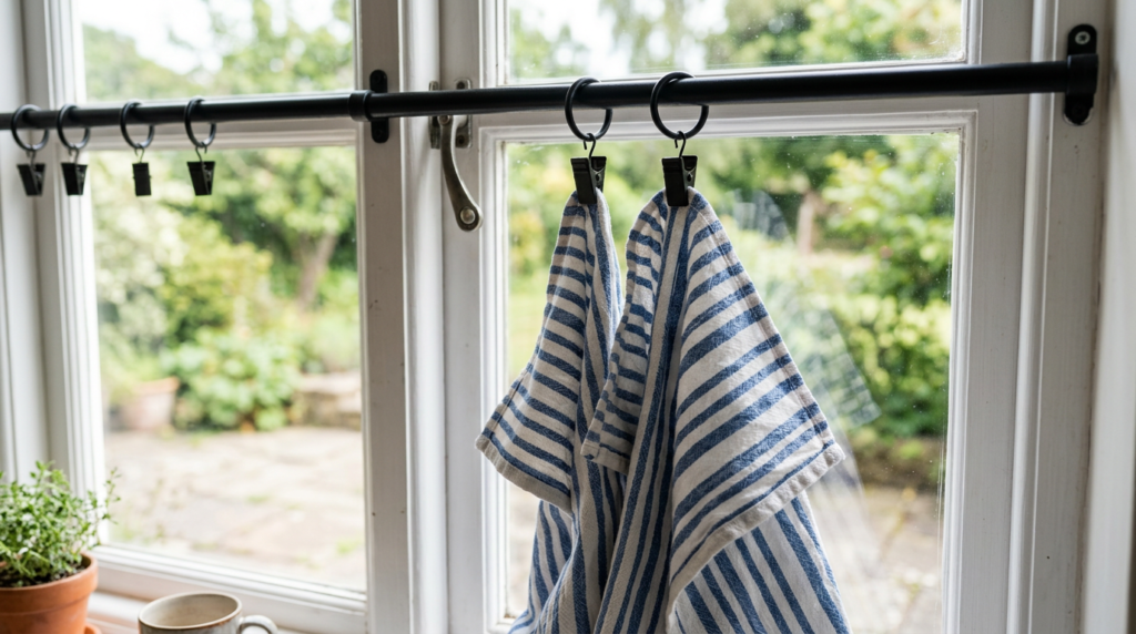 Installing Dollar Tree Tea Towels No-Sew Cafe Curtains DIY