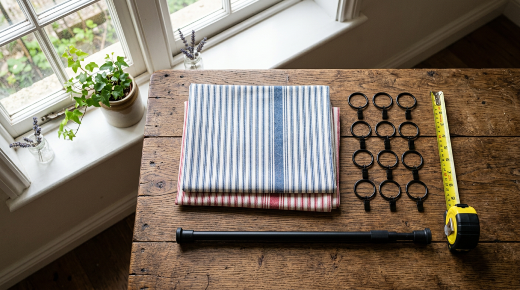 Materials for Dollar Tree Tea Towels No-Sew Cafe Curtains DIY
