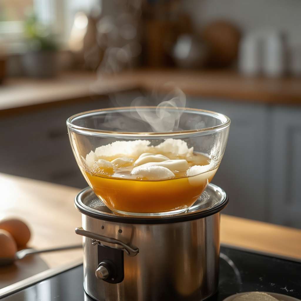 Melting beeswax and natural oils in double boiler for homemade lip balm