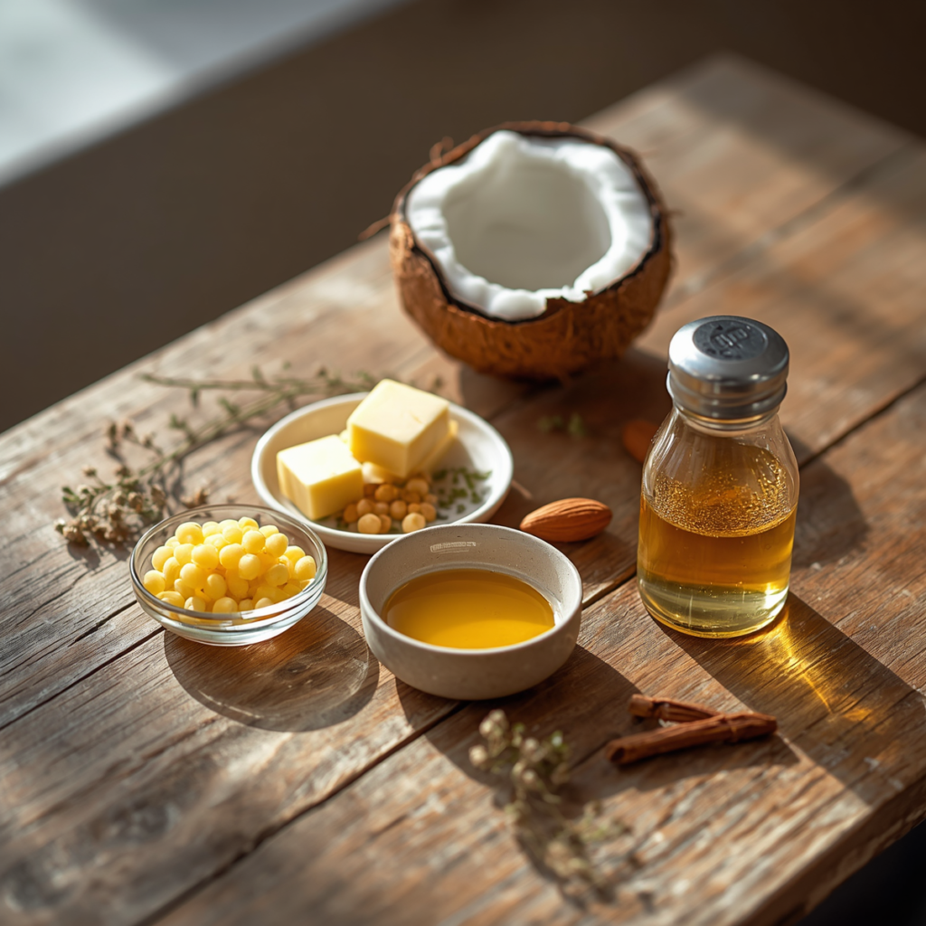 Natural DIY lip balm ingredients arranged on rustic wooden table with soft daylight
