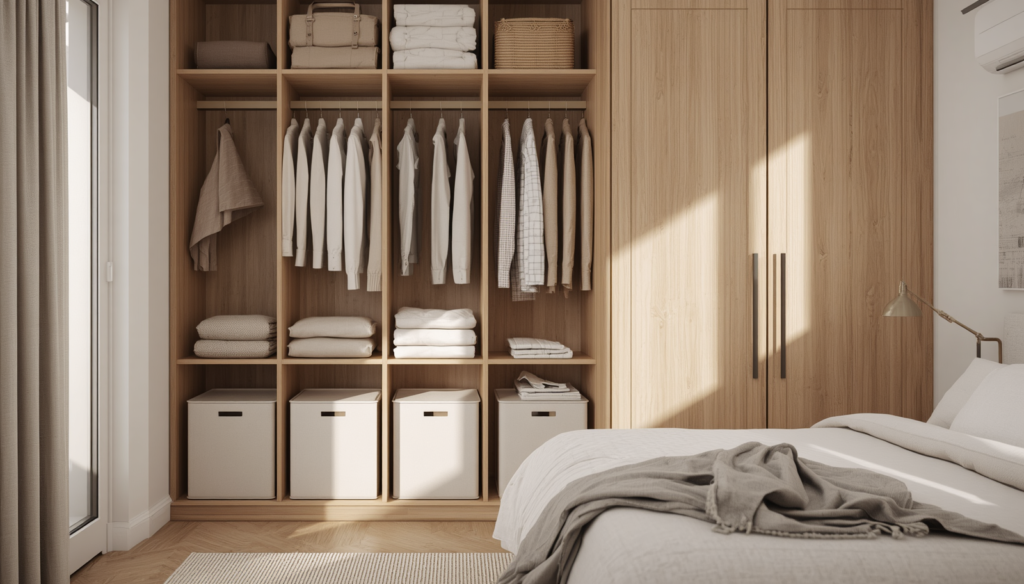 Organized bedroom closet with folded clothes, storage bins, and neutral-toned bedding