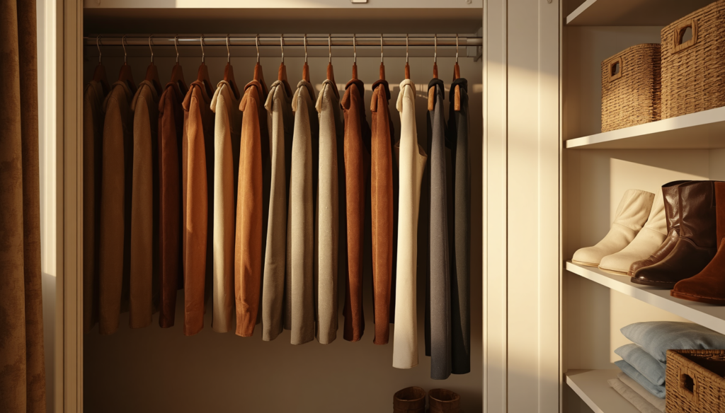 Organized boot storage closet with hanging tall boots and neutral decor