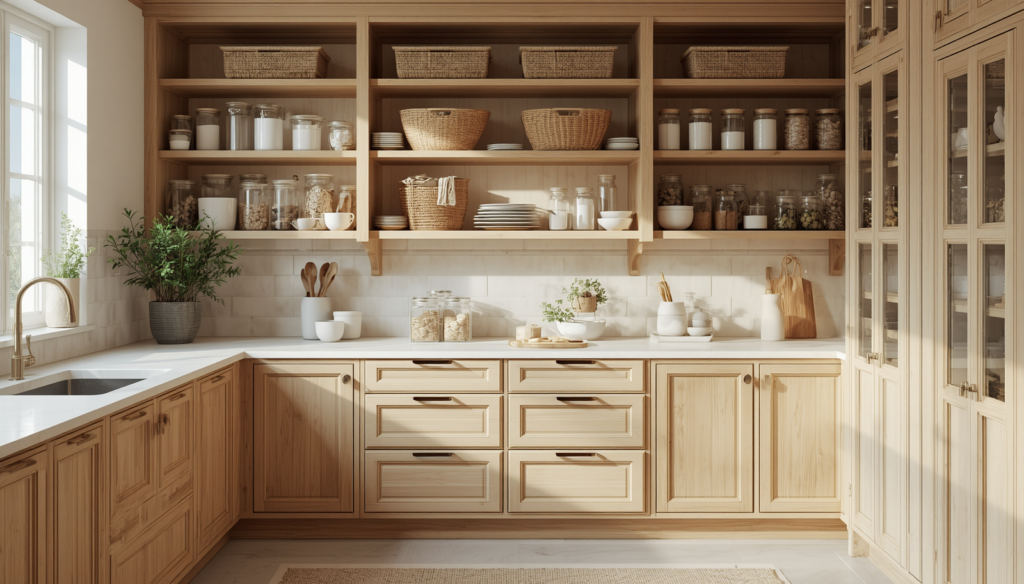 Organized kitchen pantry with glass storage jars, woven baskets, and natural wood cabinets