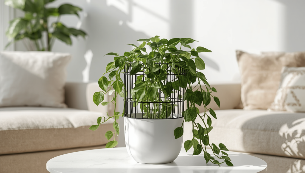 Pothos plant partially trained on a black tomato cage indoors