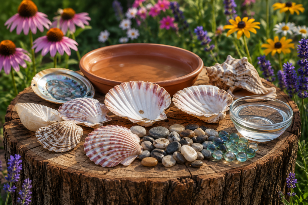 Supplies for a DIY bee watering station with seashells and pebbles