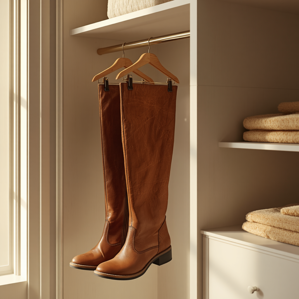 Tall leather boots hanging neatly from clip hangers inside a bright organized closet