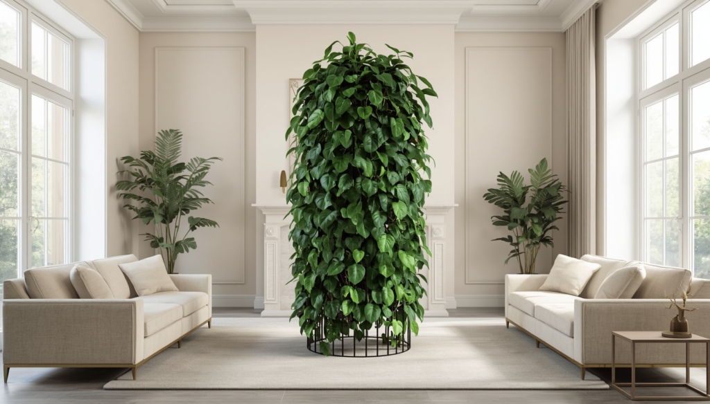 Tall pothos statement plant growing on a tomato cage support in a modern living room