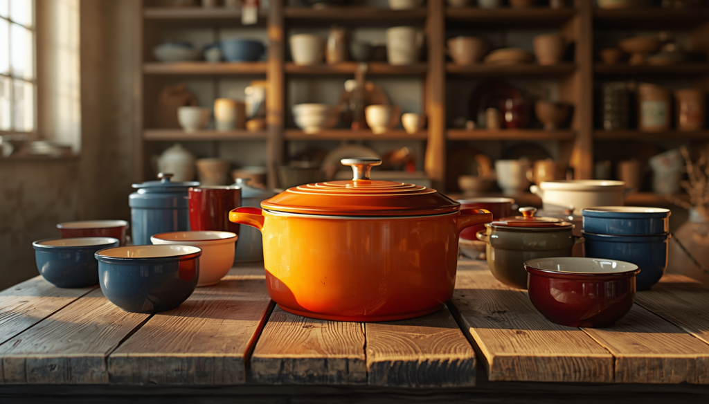 Vintage thrift store display with colorful enameled Dutch ovens on a rustic wooden table