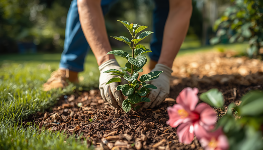 Young Rose of Sharon shrub being planted in rich garden soil with mulch and green foliage