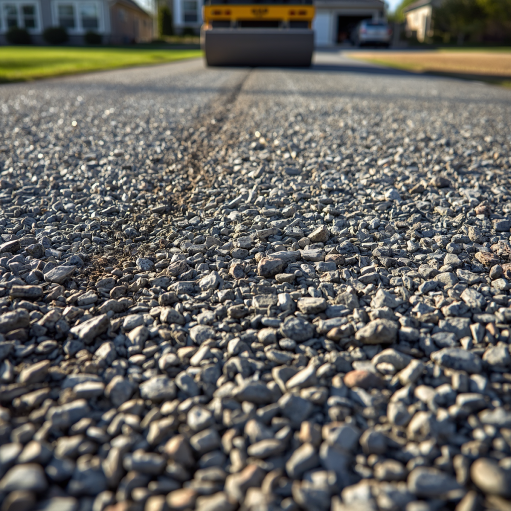 plate compactor compacting layered gravel driveway during installation process